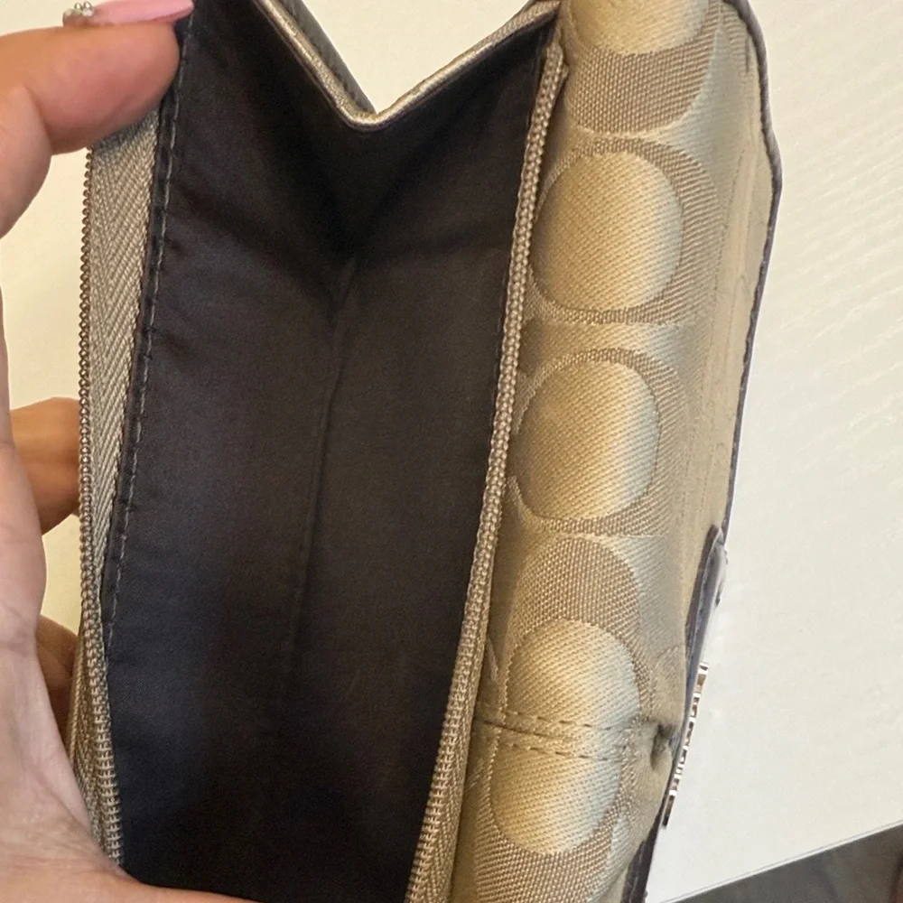 Coach Ashley signature Sateen Checkbook Wallet in khaki and brown
